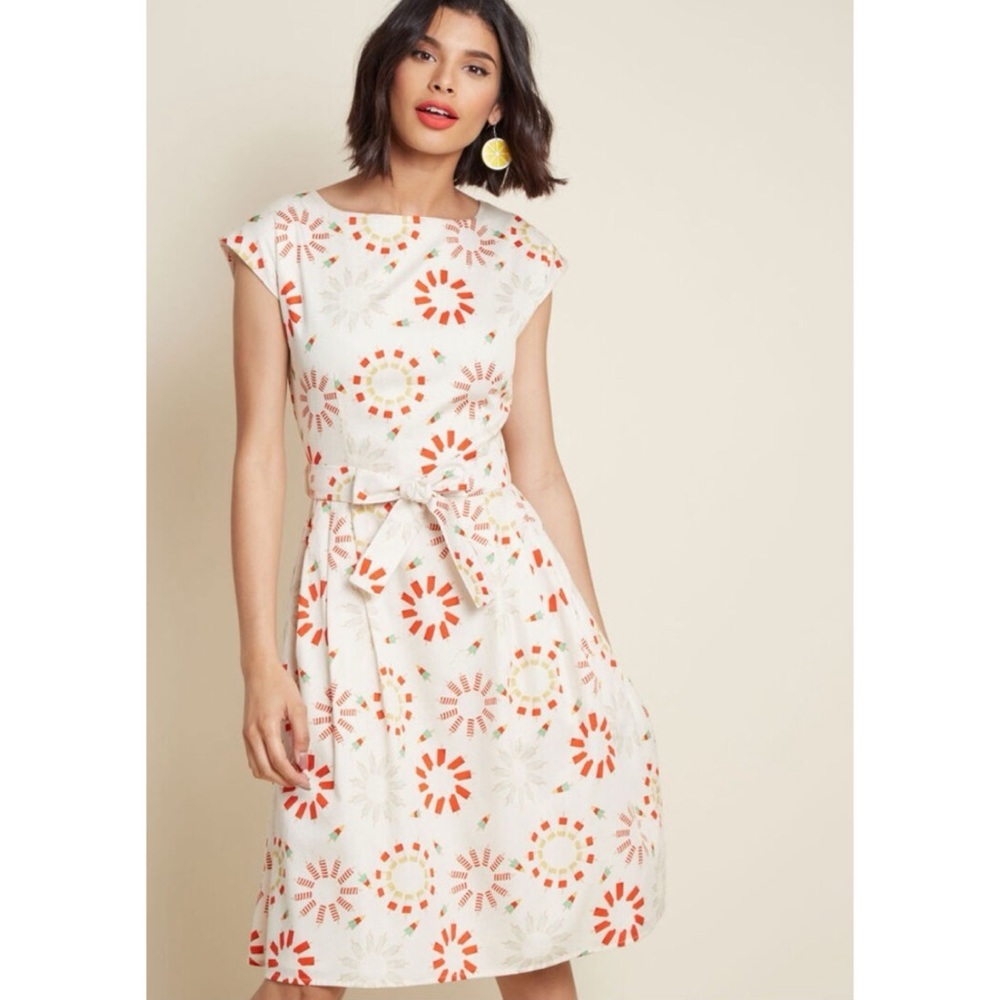 Palava Organic Cotton Printed Fit & Flare Dress UK 14 Retro Floral Popsicle